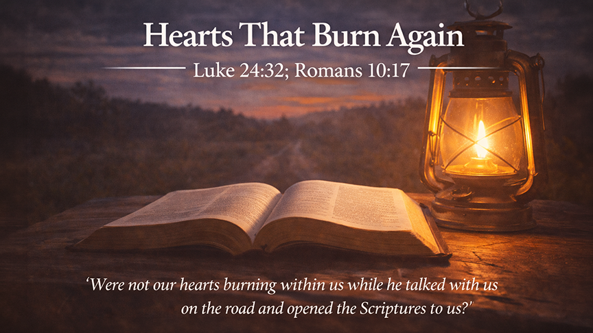 Hearts That Burn Again, a wide 16:9 photo-realistic image of an open Bible on a table beside a glowing lantern at dusk, with warm light spreading into the surrounding darkness, symbolizing faith rekindled by God&rsquo;s Word. 