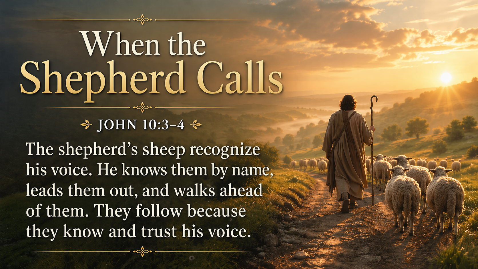When the Shepherd Calls, a wide 16:9 photo-realistic image of a shepherd walking ahead of sheep on a quiet path at sunrise