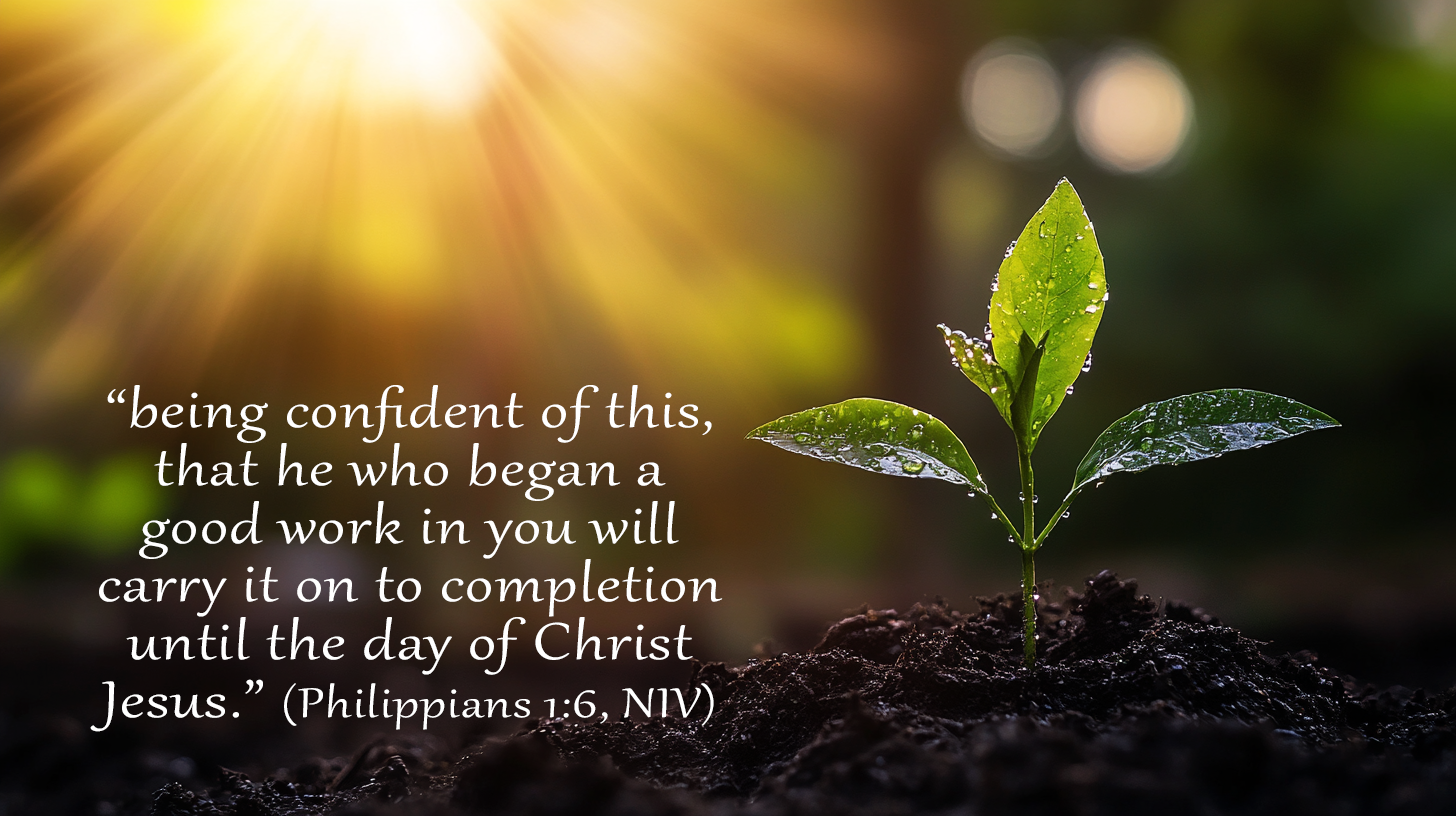 Close-up of a small green shoot growing from dark soil, representing Advent grace and spiritual growth in Philippians 1:3&ndash;11.