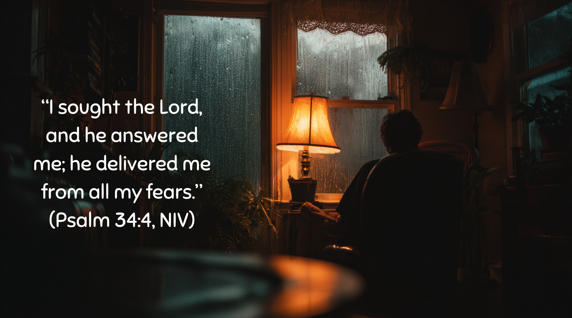 A quiet evening interior with a person seated in a chair beside a glowing lamp, rain streaking down the window outside, creating a reflective and prayerful atmosphere, overlaid with Psalm 34:4 about seeking the Lord and being delivered from fear.