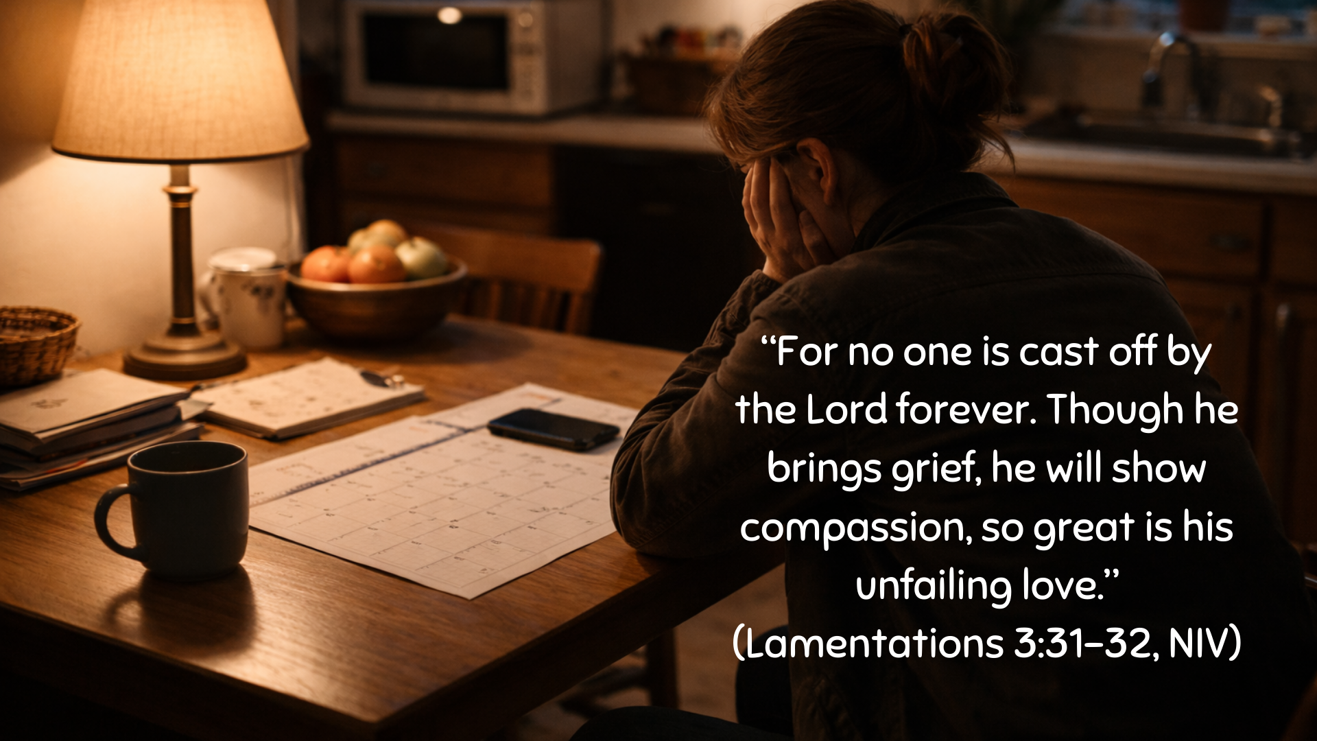 A woman sits at a kitchen table late at night with her head in her hands, papers and a calendar spread before her, a warm lamp lighting the room, conveying weariness and reflection, paired with Lamentations 3:31&ndash;32 about God&rsquo;s compassion and unfailing love.