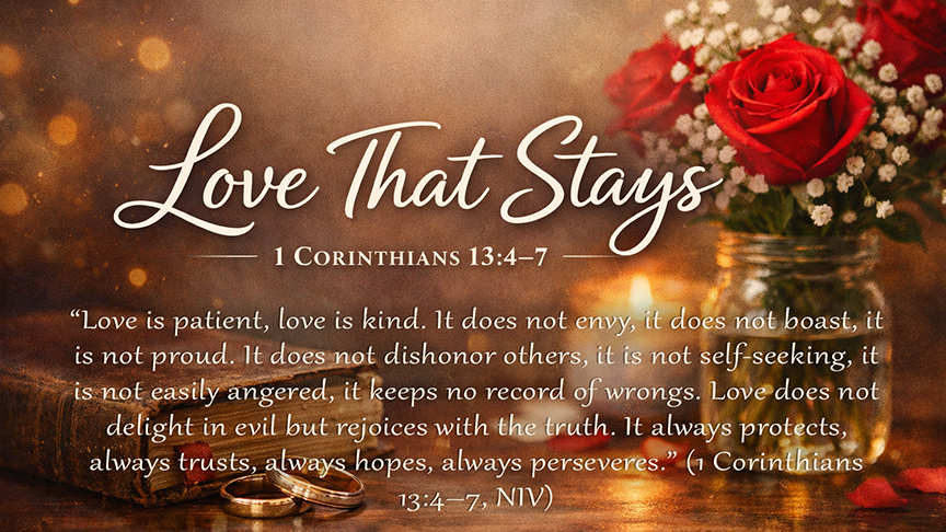 &ldquo;Love That Stays&rdquo; title slide featuring a warm, softly lit scene with a Bible resting on a wooden table beside two wedding rings, a candle glowing gently, and a jar of red roses. The image includes the title Love That Stays and the full text of 1 Corinthians 13:4&ndash;7, emphasizing patient, enduring love grounded in God&rsquo;s faithfulness.