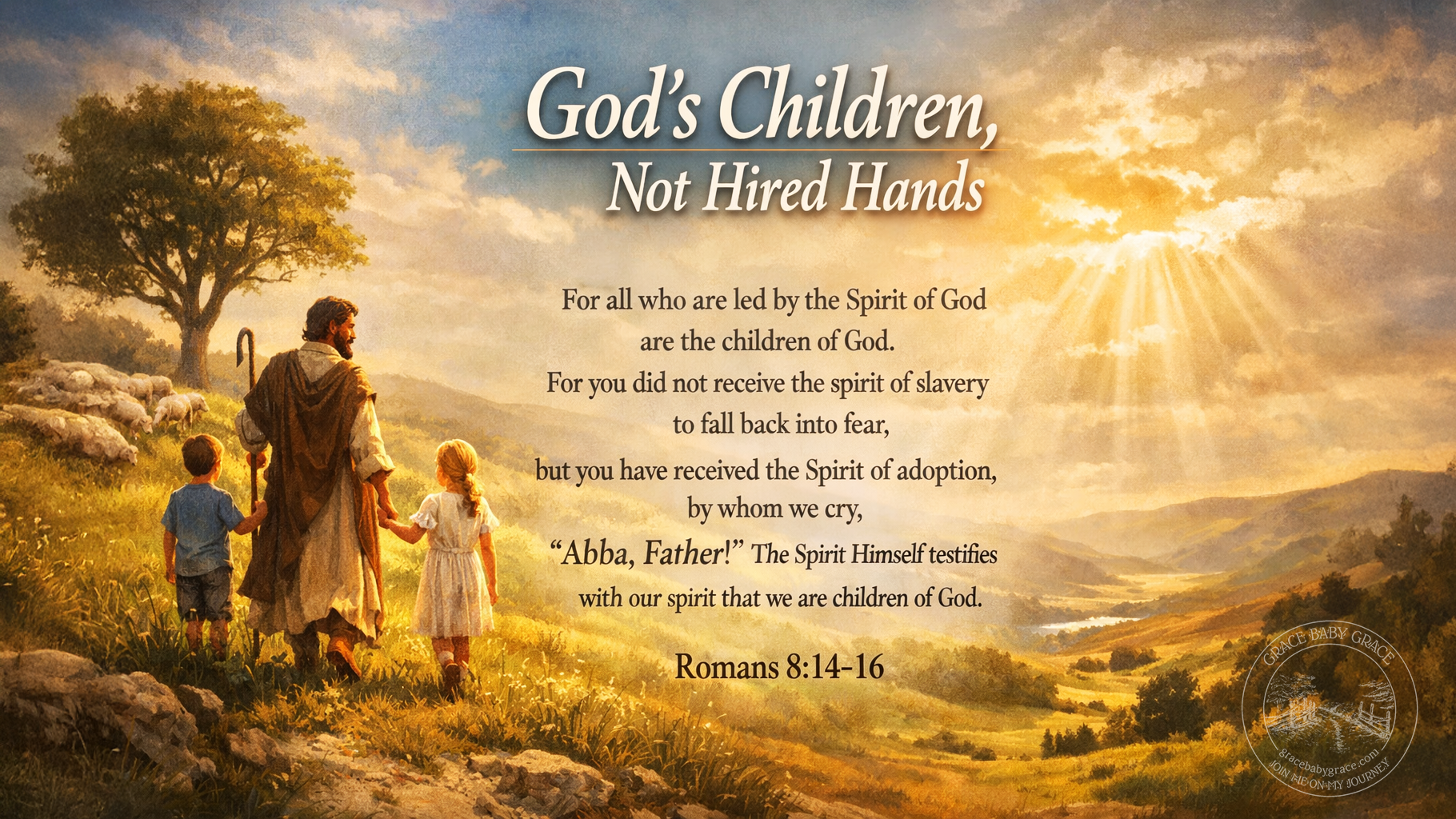 A wide devotional image showing a shepherd walking hand in hand with two children across a sunlit hillside, sheep grazing nearby under a warm golden sky. Rays of light break through the clouds, symbolizing God&rsquo;s adopting love, with the title &ldquo;God&rsquo;s Children, Not Hired Hands&rdquo; and the full text of Romans 8:14&ndash;16 displayed across the landscape.