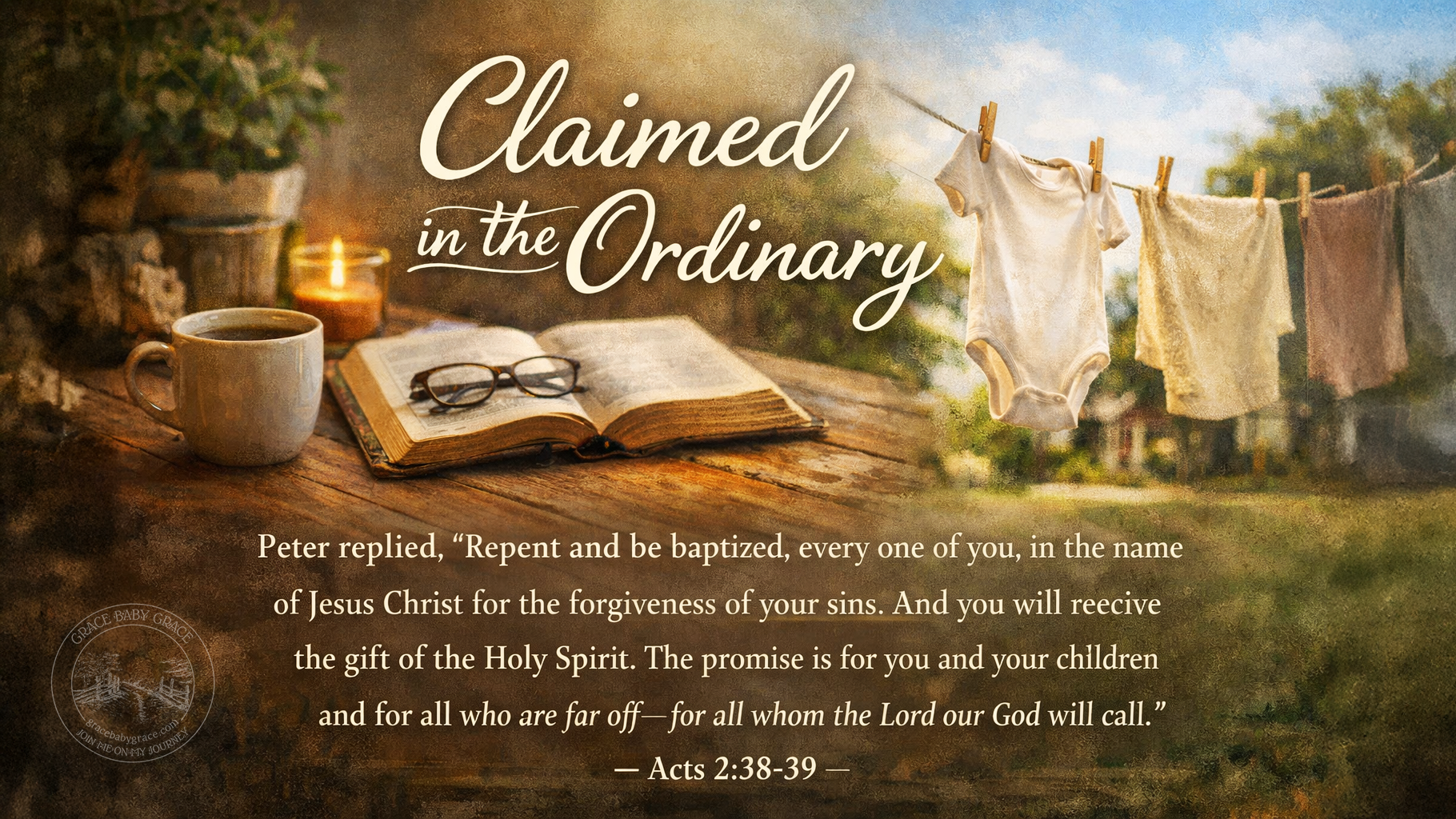 Wide devotional image titled Claimed in the Ordinary illustrating everyday life with an open Bible, coffee mug, candle, and laundry on a clothesline, paired with Acts 2:38–39 about repentance, baptism, forgiveness, and God’s promise for all generations.