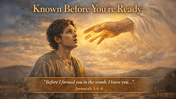 Title slide for &ldquo;Known Before You&rsquo;re Ready.&rdquo; A young man representing Jeremiah looks upward as a glowing hand reaches toward him from a bright, cloud-filled sky. The scene is warm and intimate, emphasizing God&rsquo;s nearness. Text reads, &ldquo;Before I formed you in the womb, I knew you,&rdquo; Jeremiah 1:4&ndash;8.