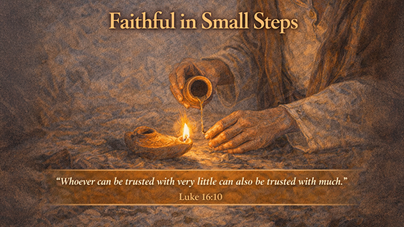 Title slide for “Faithful in Small Steps.” Hands carefully pour oil from a small clay jar into a simple lamp, which glows softly in a dim setting. The scene emphasizes quiet, ordinary faithfulness. Text reads, “Whoever can be trusted with very little can also be trusted with much,” Luke 16:10.
