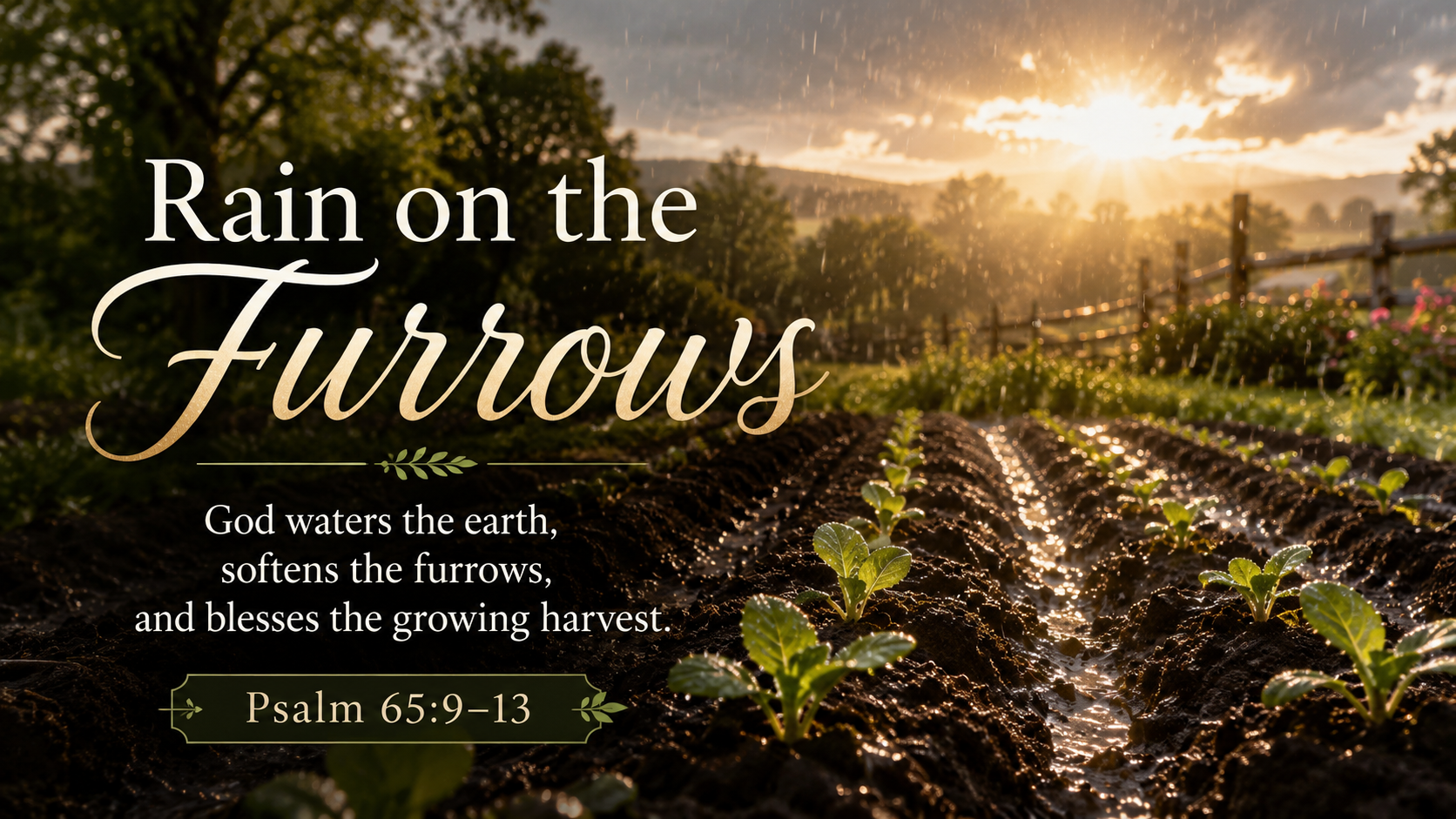 Rain on the Furrows: A wide 16:9 photo-realistic image of gentle rain falling on freshly plowed garden rows, with small green shoots beginning to rise and soft sunlight breaking through clouds. The image includes the title Rain on the Furrows and a paraphrase of Psalm 65:9–13.