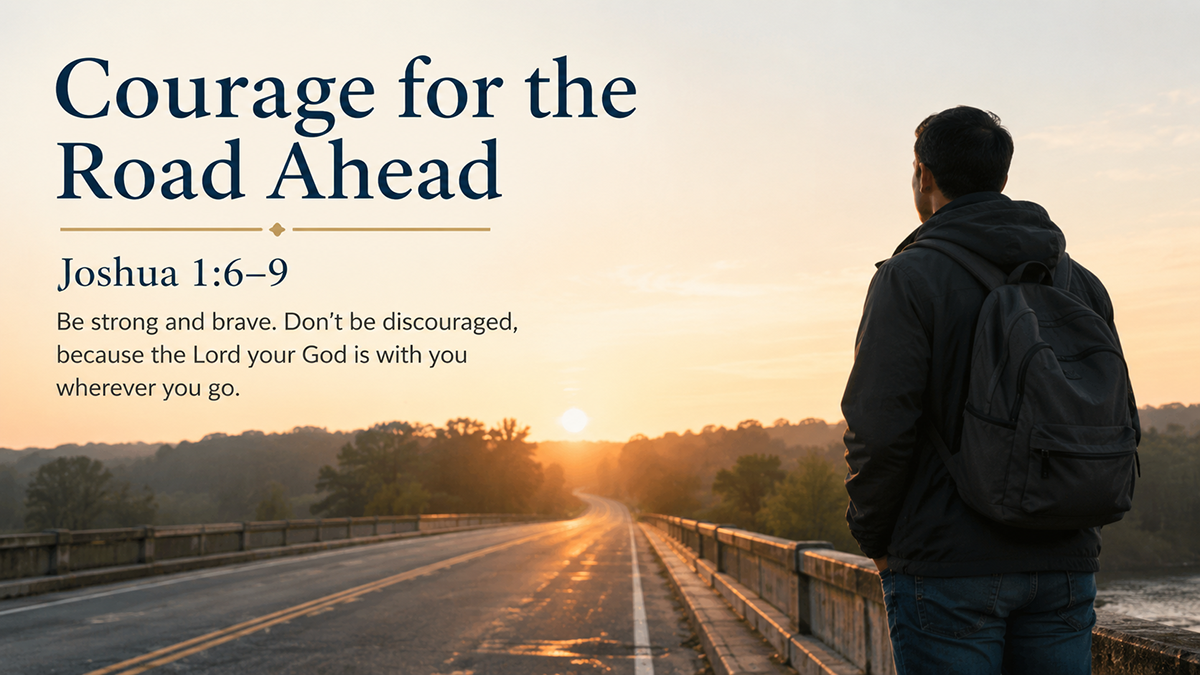 Courage for the Road Ahead &mdash; A wide 16:9 photo-realistic image of a modern person standing at the edge of a quiet bridge at sunrise, looking toward a road that continues into soft golden light, symbolizing courage, trust, and God&rsquo;s presence on an uncertain path. The image includes the title Courage for the Road Ahead and a paraphrase of Joshua 1:6&ndash;9.
