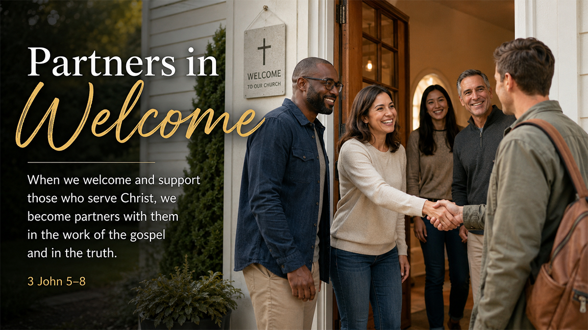 Partners in Welcome &mdash; A wide 16:9 photo-realistic image of modern church members warmly greeting a traveling guest at the doorway of a small church, with soft morning light and welcoming smiles. The image includes the title Partners in Welcome and a paraphrase of 3 John 5&ndash;8.