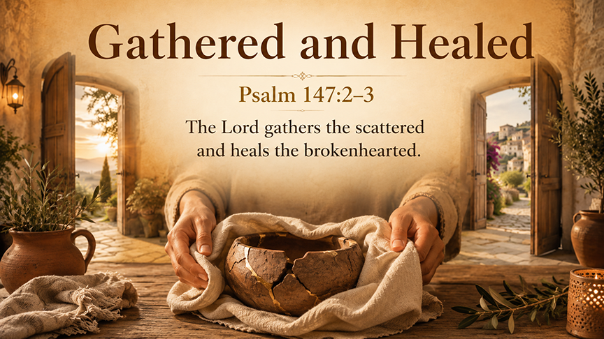 Gathered and Healed, a wide 16:9 photo-realistic image of warm hands gently wrapping a soft cloth around a cracked clay bowl on a wooden table, symbolizing God gathering the scattered and healing the brokenhearted in Psalm 147:2–3. The image includes the title Gathered and Healed and a paraphrase of Psalm 147:2–3.