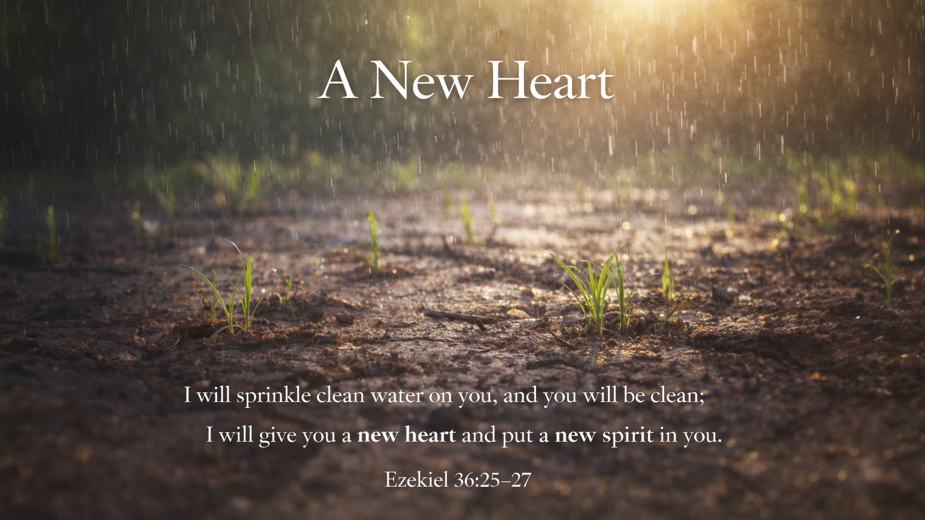 A New Heart &mdash; A wide 16:9 photo-realistic image of gentle rain falling over dry ground as fresh green plants begin to emerge, symbolizing renewal and spiritual transformation. The image includes the title A New Heart and the full scripture text of Ezekiel 36:25&ndash;27.