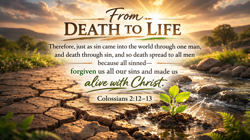 From Death to Life &mdash; A wide 16:9 photo-realistic image of a small green plant growing through cracked, dry soil with warm sunlight shining down, symbolizing new life emerging from barrenness. The image includes the title From Death to Life and the full scripture text of Colossians 2:12&ndash;13.