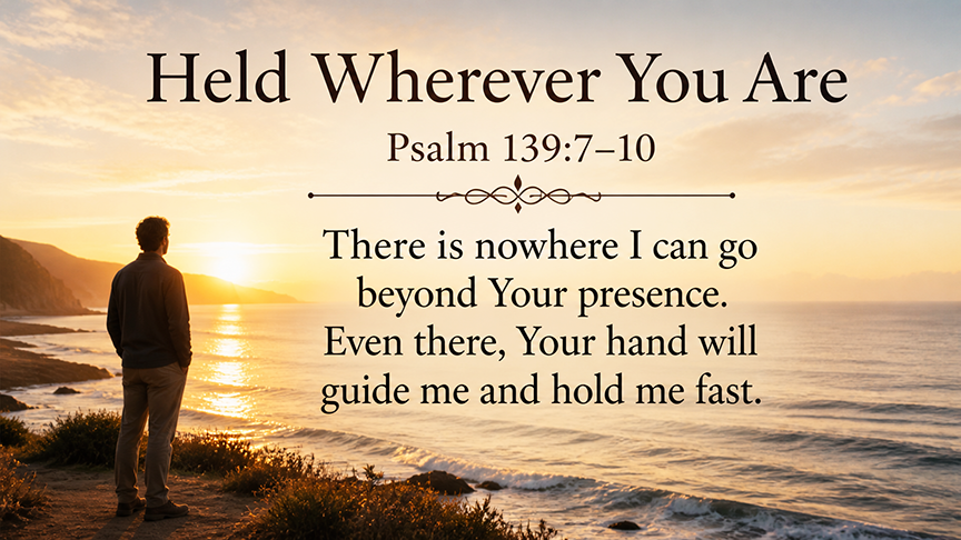 Held Wherever You Are, a wide 16:9 photo-realistic image of a person standing beside the ocean at dawn with soft light spreading across the water, symbolizing God&rsquo;s presence in every place. The image includes the title Held Wherever You Are and a paraphrase of Psalm 139:7&ndash;10.