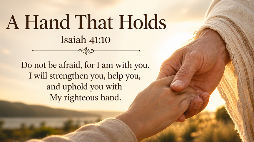 A Hand That Holds, a wide 16:9 photo-realistic image of two hands clasped gently in warm sunlight, symbolizing God&rsquo;s promise to strengthen, help, and uphold His people. The image includes the title A Hand That Holds and a paraphrase of Isaiah 41:10.