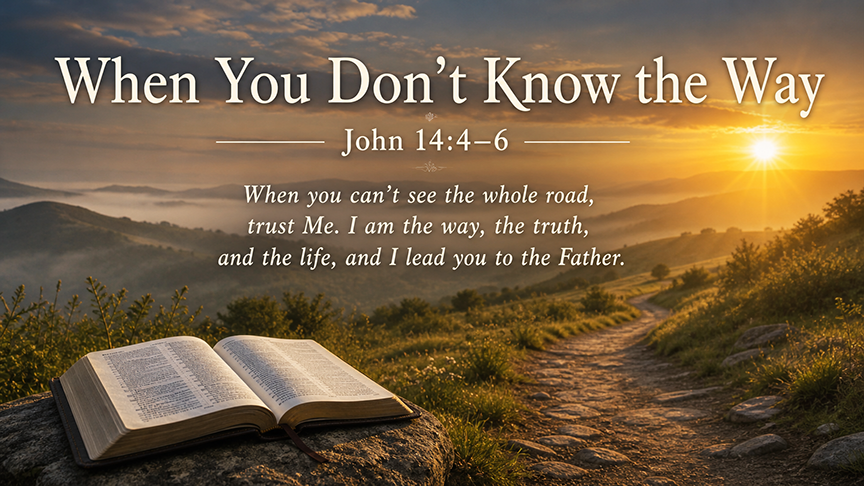 When You Don&rsquo;t Know the Way, a wide 16:9 photo-realistic image of a quiet path through gentle hills at sunrise, with soft golden light breaking through mist and an open Bible resting near the path.