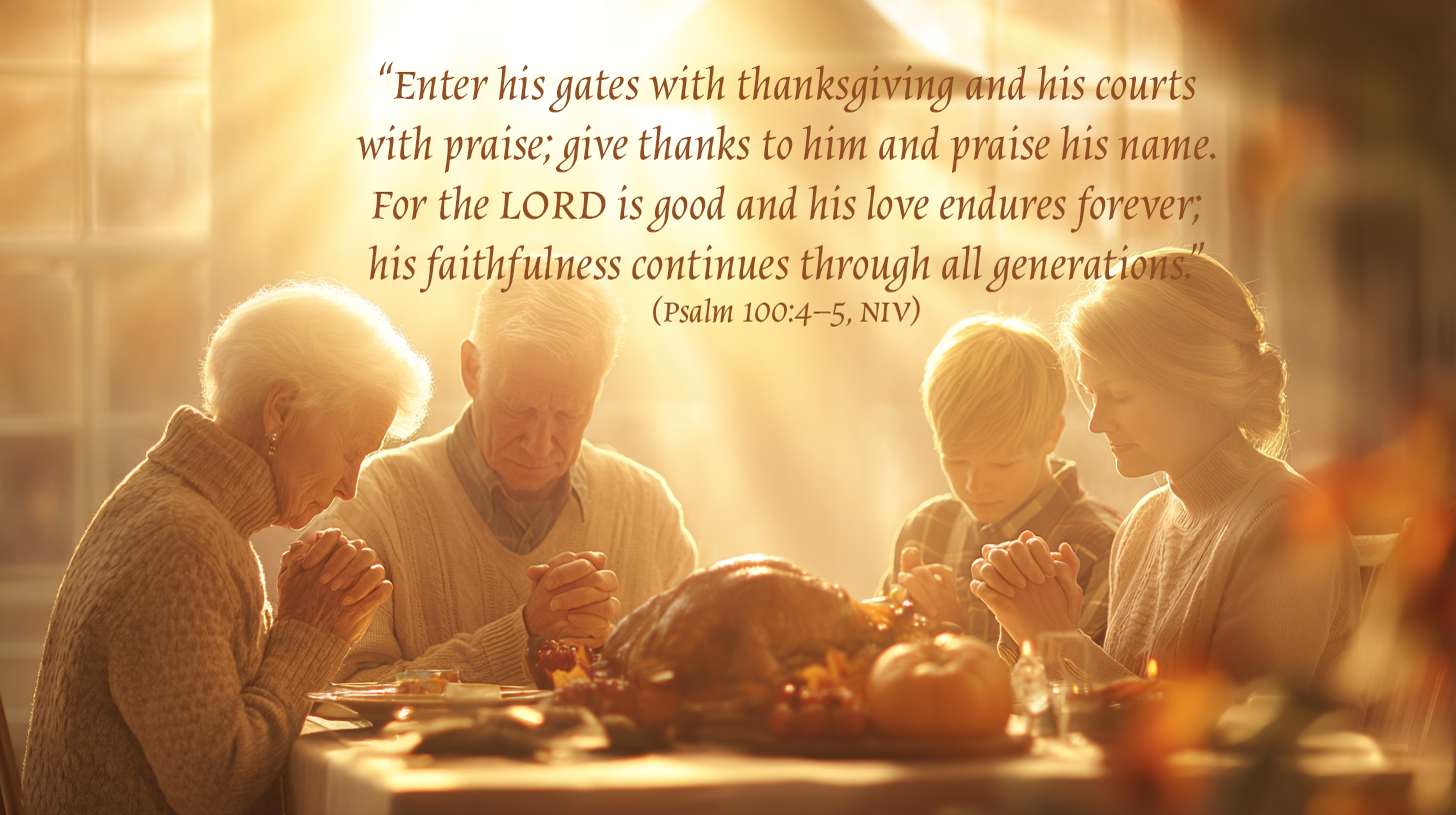 Family praying together at a Thanksgiving table bathed in golden light, symbolizing gratitude and God’s enduring faithfulness which is the heart of Thanksgiving.