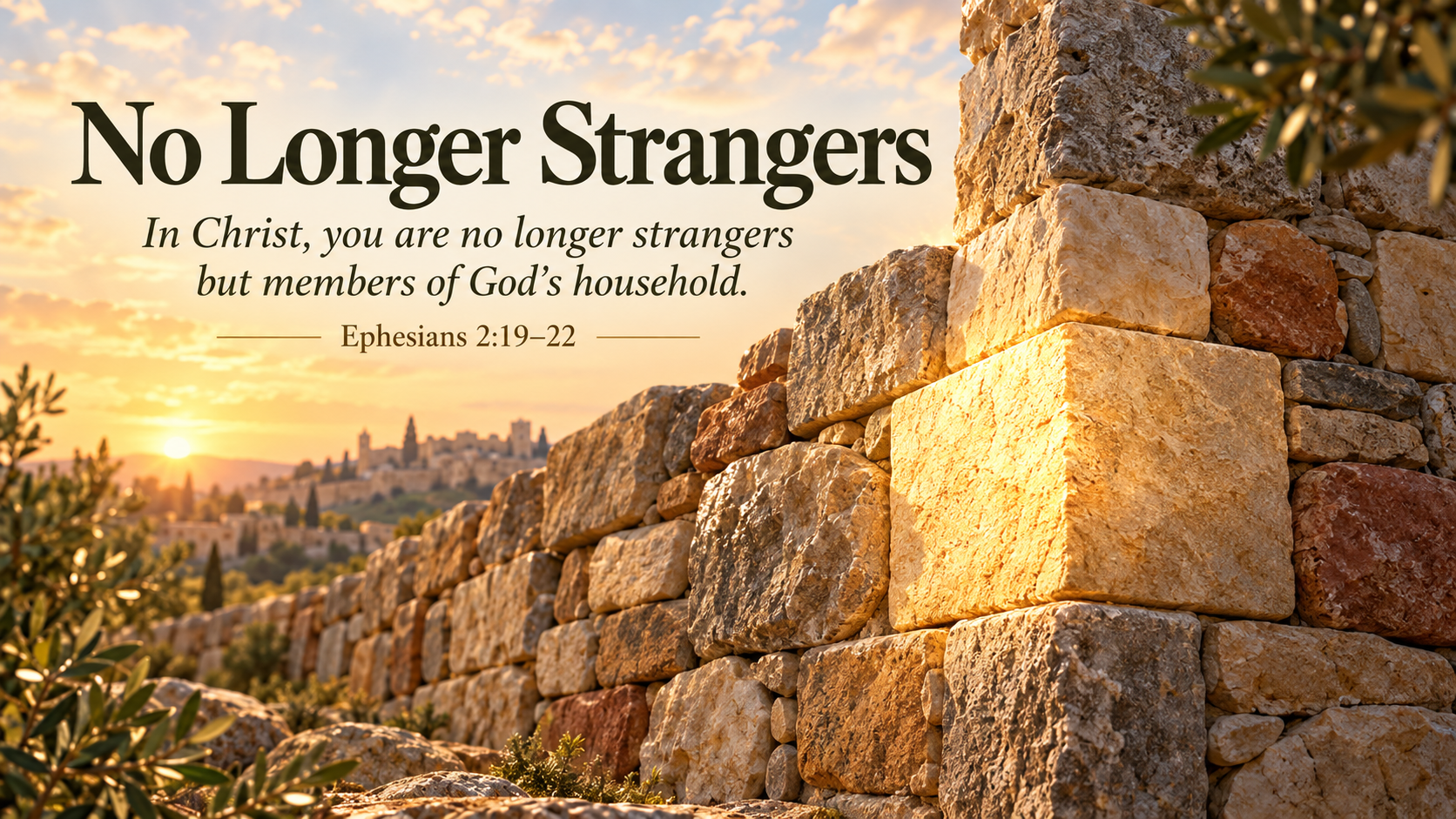 No Longer Strangers reflects on Ephesians 2:19&ndash;22, belonging in God&rsquo;s household, welcoming others, and Christ as the cornerstone.