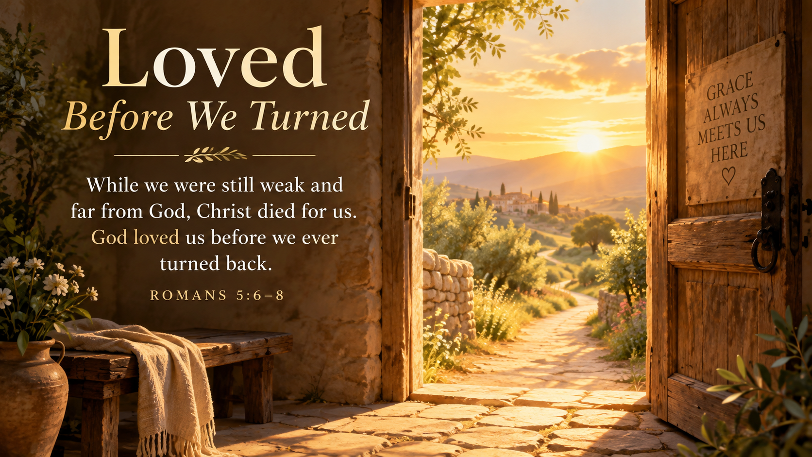 Loved Before We Turned devotional image with morning light spilling through a doorway onto a path and a Scripture paraphrase from Romans 5:6&ndash;8.