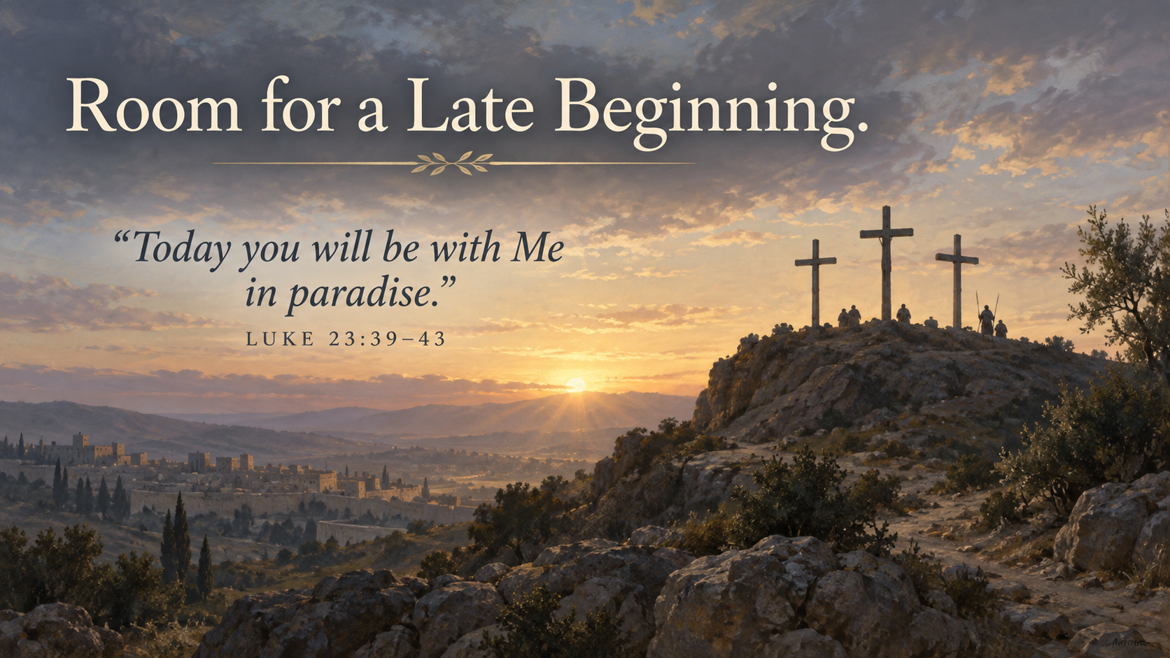 Wide 16:9 restrained painterly landscape with three distant crosses beneath a sky beginning to brighten. Keep figures indistinct and the scene non-graphic. Visible title: &ldquo;Room for a Late Beginning.&rdquo; Visible Scripture paraphrase: &ldquo;Today you will be with Me in paradise.&rdquo; Include &ldquo;Luke 23:39&ndash;43.&rdquo;