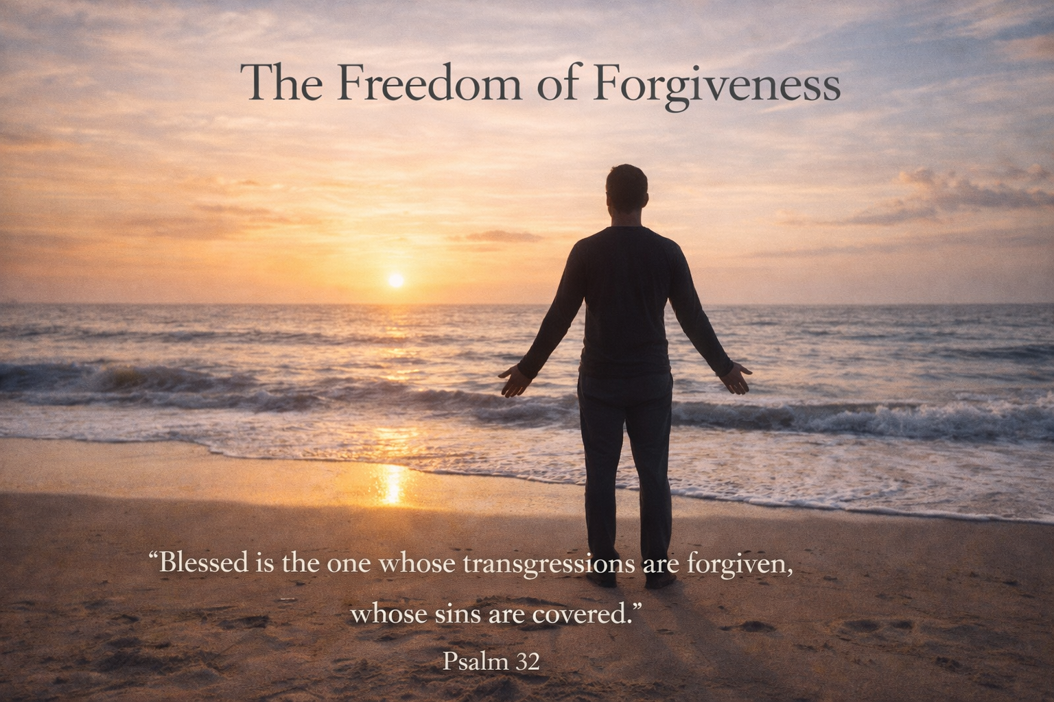 The Freedom of Forgiveness — A wide 16:9 photo-realistic image of a person standing on a quiet beach at sunrise with arms relaxed and open, symbolizing release and renewal. The image includes the title The Freedom of Forgiveness and the full scripture text of Psalm 32.