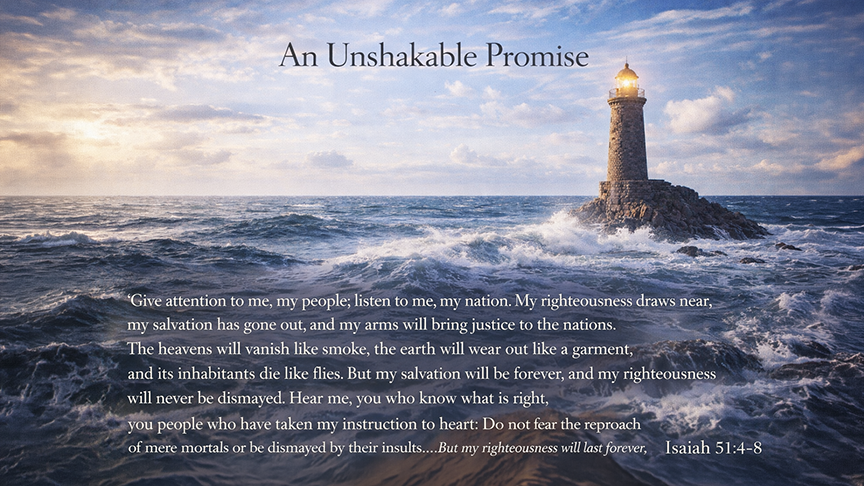 An Unshakable Promise &mdash; A wide 16:9 photo-realistic image of an ancient stone lighthouse standing firm against rolling ocean waves beneath a bright, steady sky. The image includes the title An Unshakable Promise and the full scripture text of Isaiah 51:4&ndash;8, symbolizing God&rsquo;s enduring faithfulness.