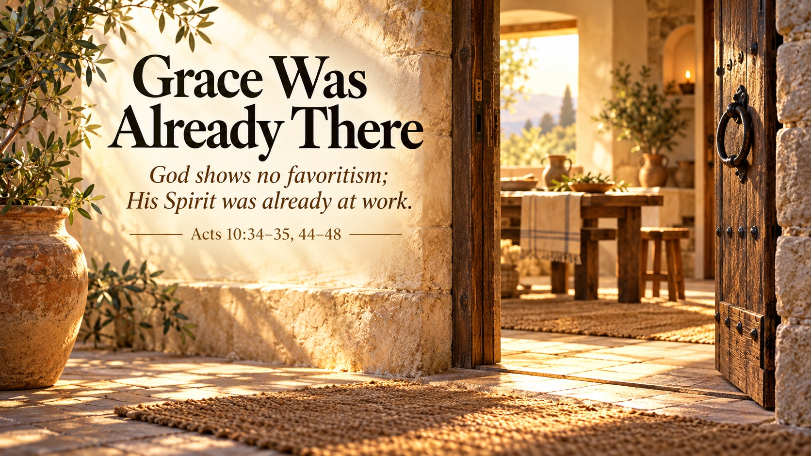 Grace Was Already There devotional image showing warm light filling a room beyond an open doorway, reflecting God&rsquo;s boundary-crossing grace in Acts 10.