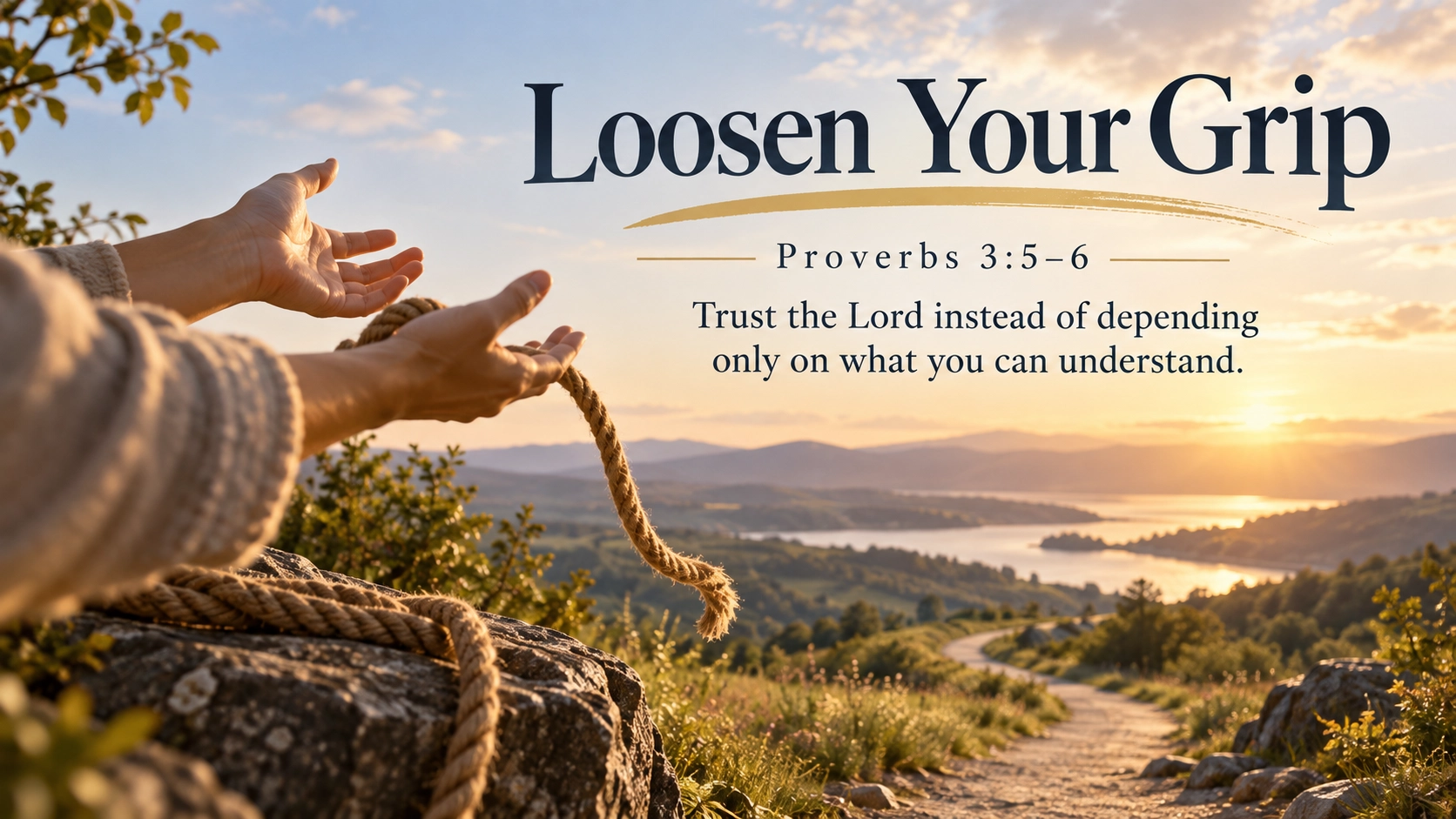 Open hands releasing a rope beside a winding path, illustrating Proverbs 3:5&ndash;6 and the invitation to trust God rather than control every outcome.